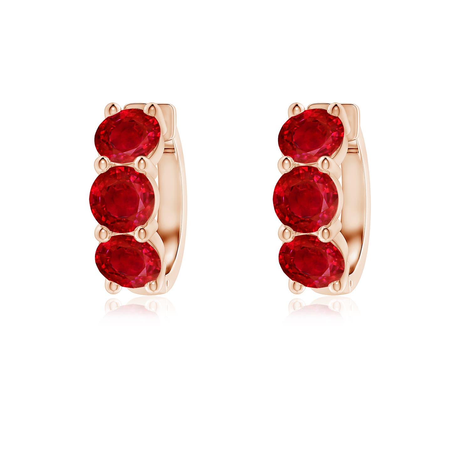 4.5mm AAA Round Ruby Three Stone Hoop Earrings in Rose Gold
