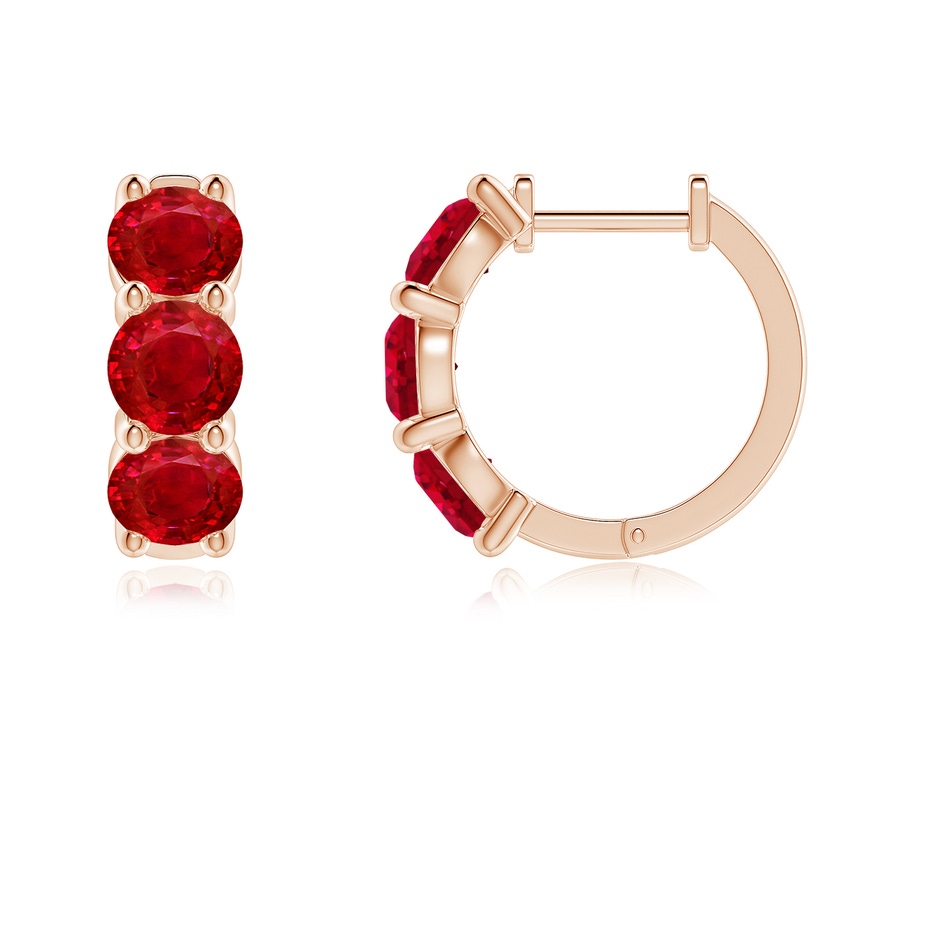 4.5mm AAA Round Ruby Three Stone Hoop Earrings in Rose Gold side 199