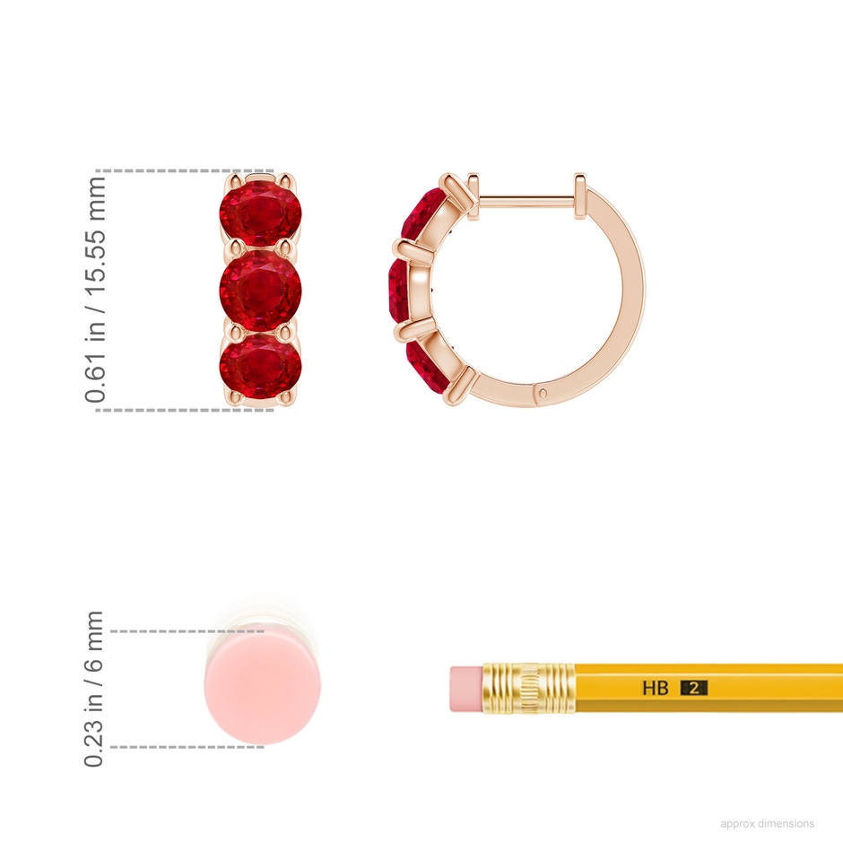 4.5mm AAA Round Ruby Three Stone Hoop Earrings in Rose Gold ruler