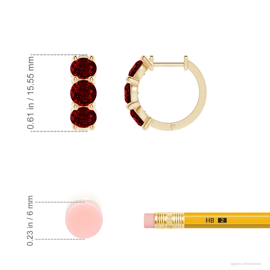 4.5mm AAAA Round Ruby Three Stone Hoop Earrings in 18K Yellow Gold ruler