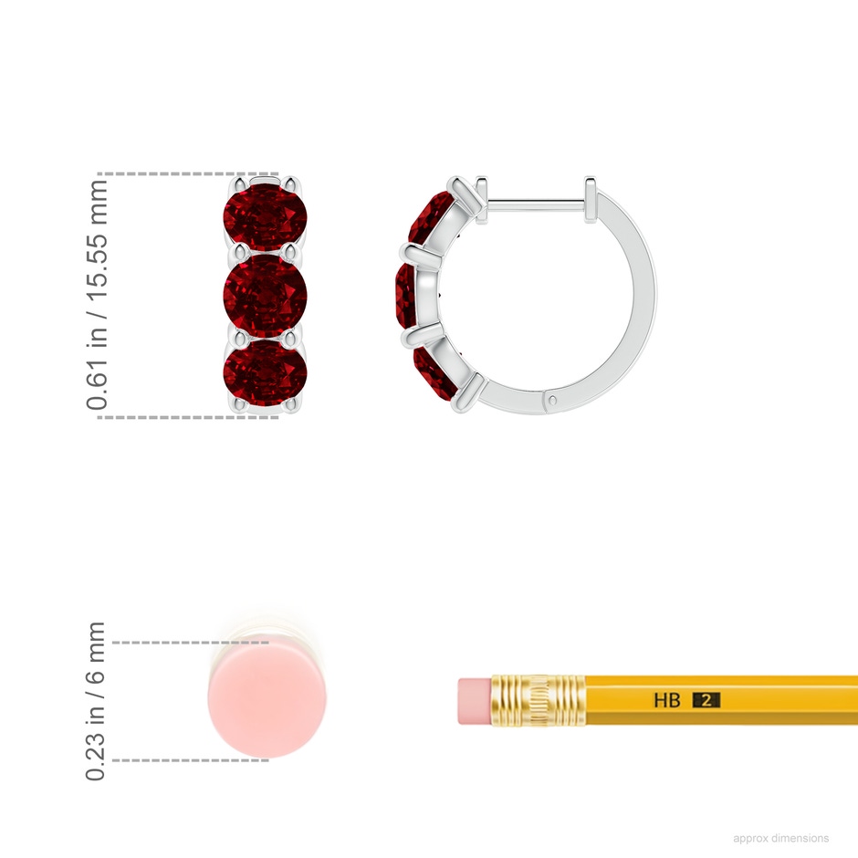4.5mm AAAA Round Ruby Three Stone Hoop Earrings in P950 Platinum ruler