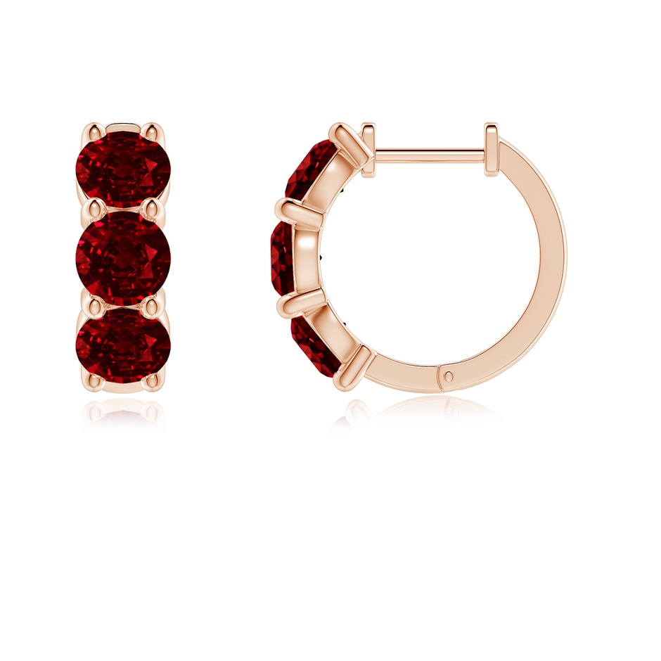 4.5mm AAAA Round Ruby Three Stone Hoop Earrings in Rose Gold side 199
