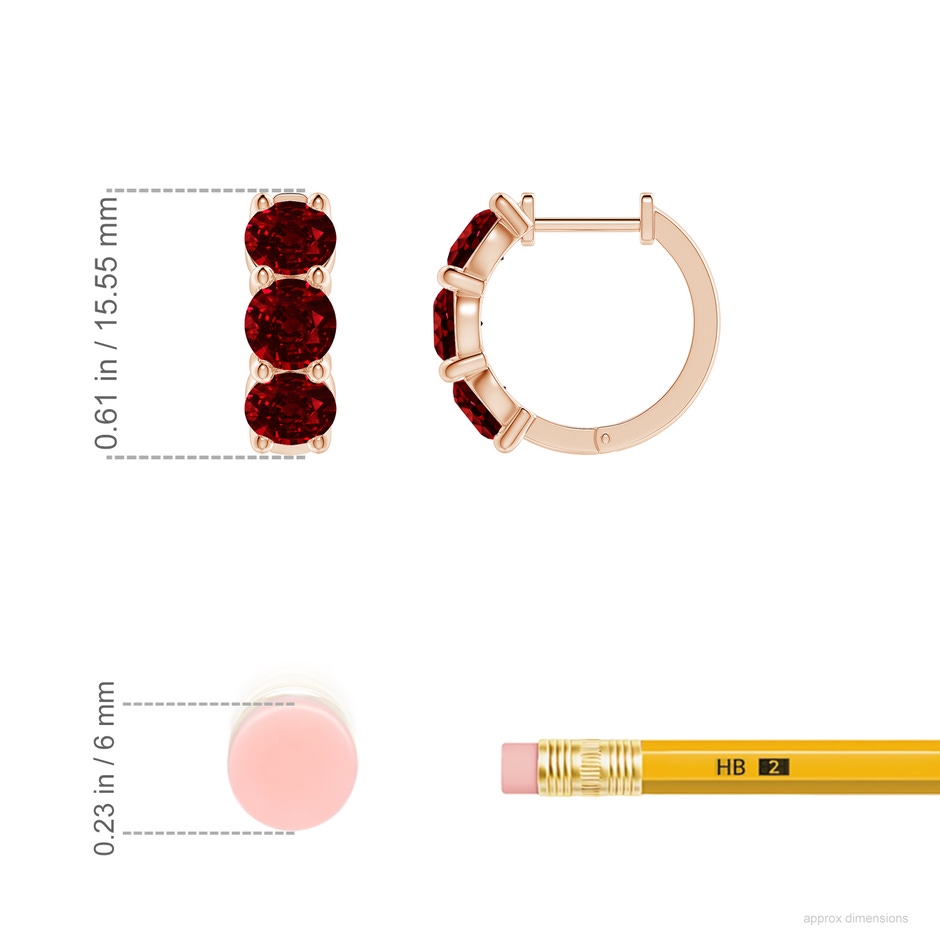 4.5mm AAAA Round Ruby Three Stone Hoop Earrings in Rose Gold ruler