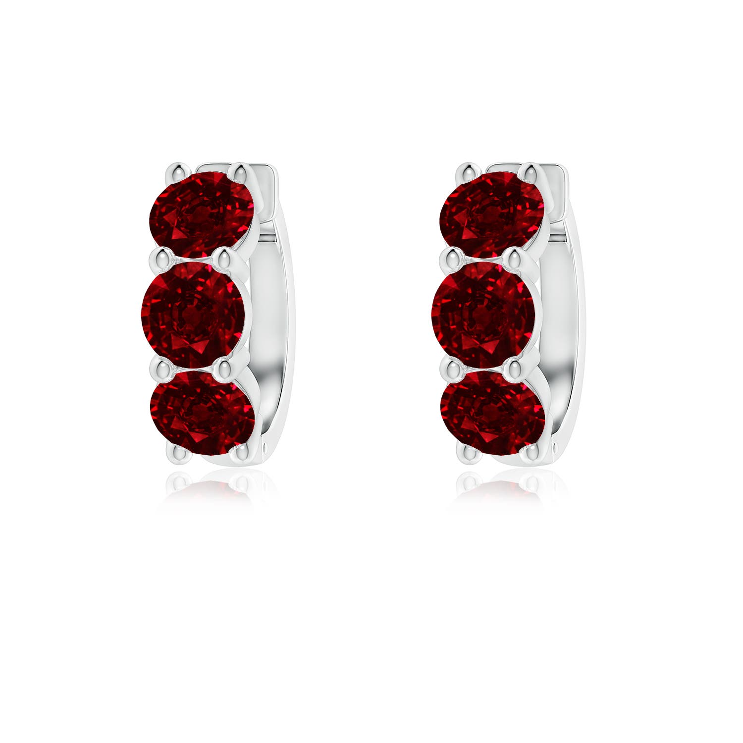 4.5mm AAAA Round Ruby Three Stone Hoop Earrings in White Gold