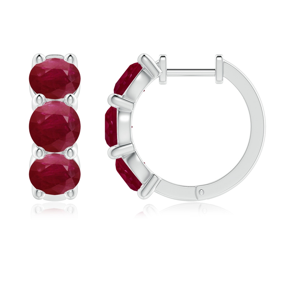 5.5mm A Round Ruby Three Stone Hoop Earrings in 18K White Gold side 199