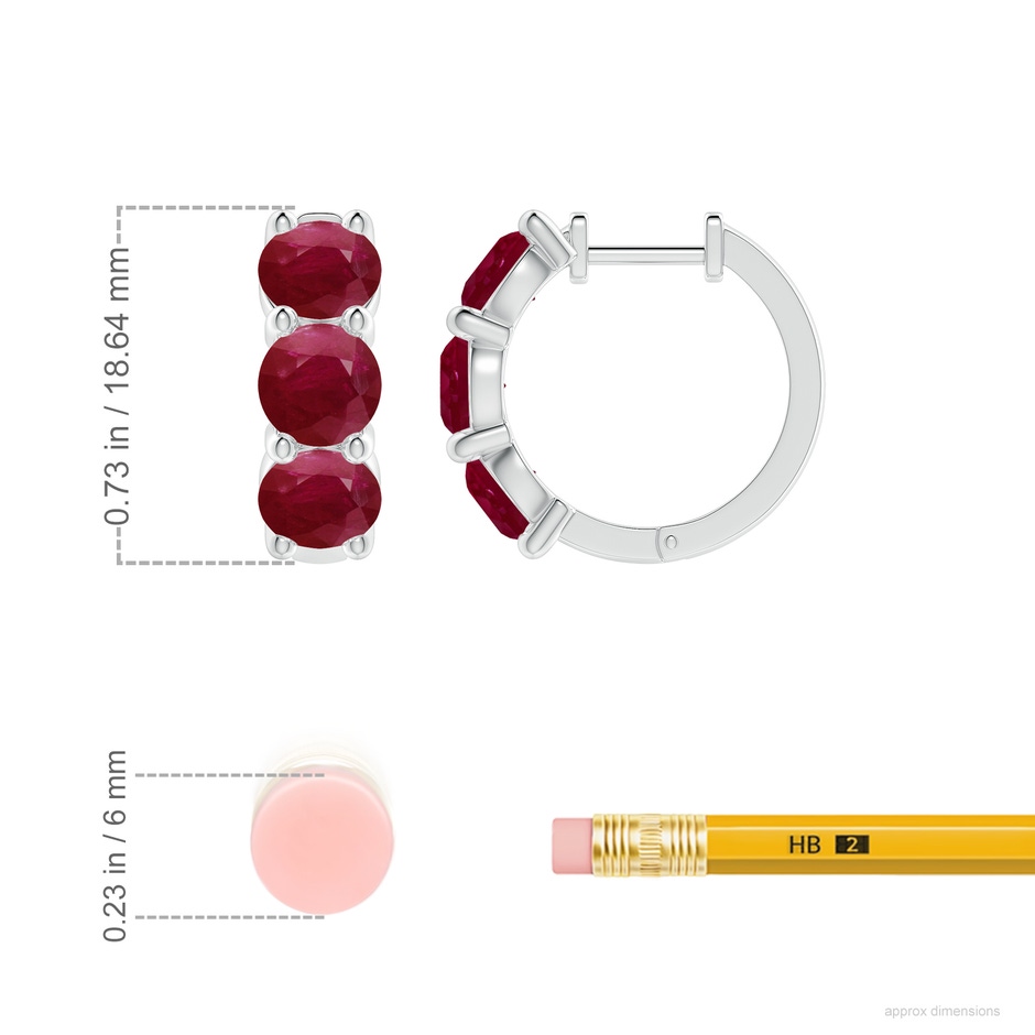 5.5mm A Round Ruby Three Stone Hoop Earrings in 18K White Gold ruler
