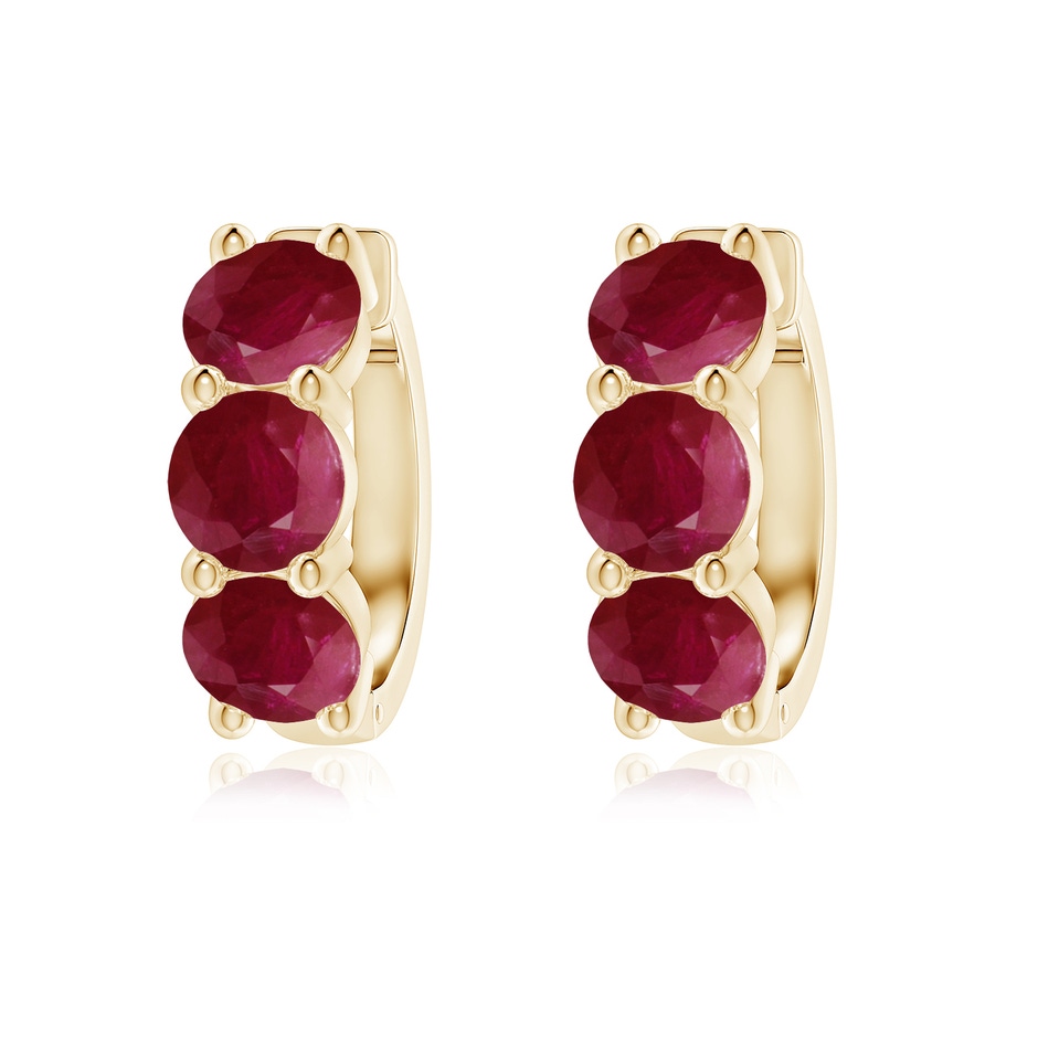 5.5mm A Round Ruby Three Stone Hoop Earrings in 18K Yellow Gold 