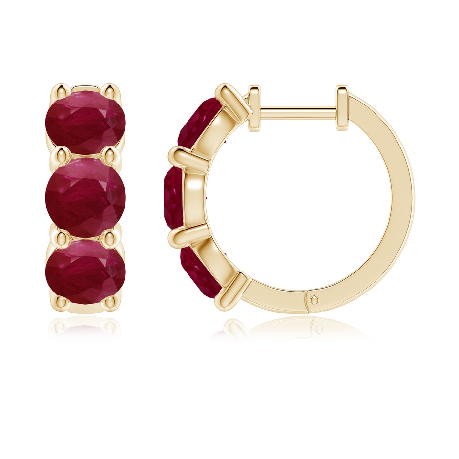 5.5mm A Round Ruby Three Stone Hoop Earrings in 18K Yellow Gold side 199