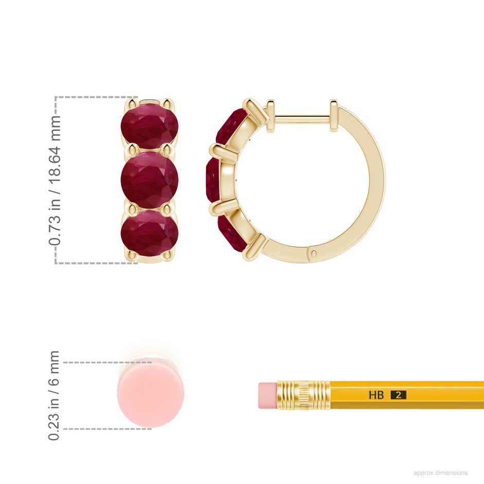 5.5mm A Round Ruby Three Stone Hoop Earrings in 18K Yellow Gold ruler