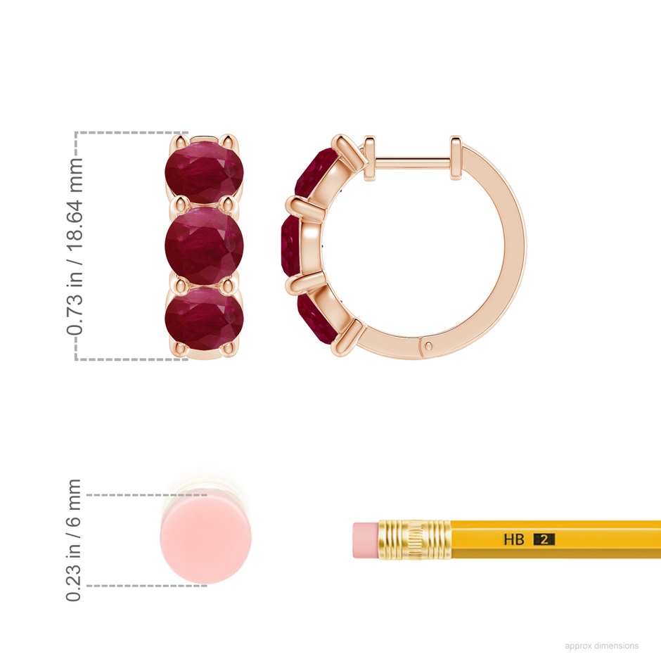 5.5mm A Round Ruby Three Stone Hoop Earrings in Rose Gold ruler