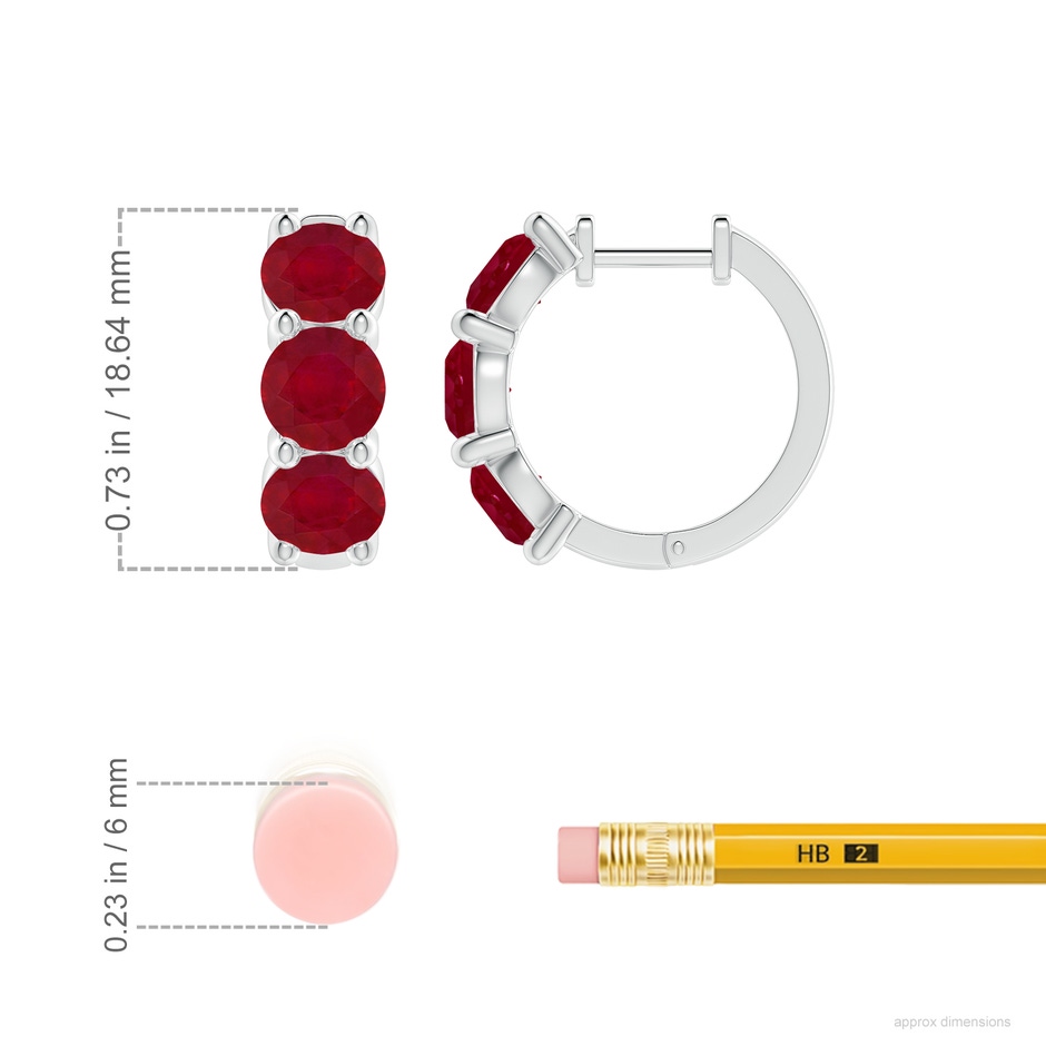 5.5mm AA Round Ruby Three Stone Hoop Earrings in White Gold ruler