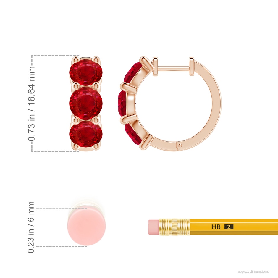 5.5mm AAA Round Ruby Three Stone Hoop Earrings in 18K Rose Gold ruler