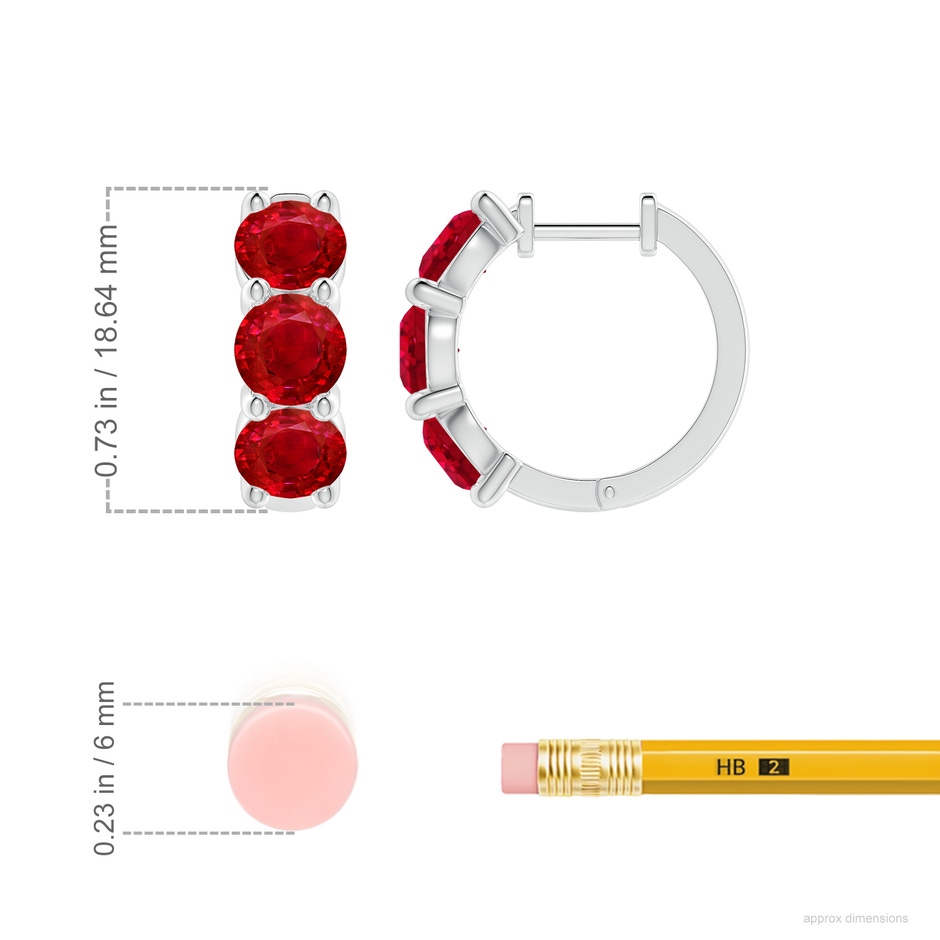 5.5mm AAA Round Ruby Three Stone Hoop Earrings in 18K White Gold ruler