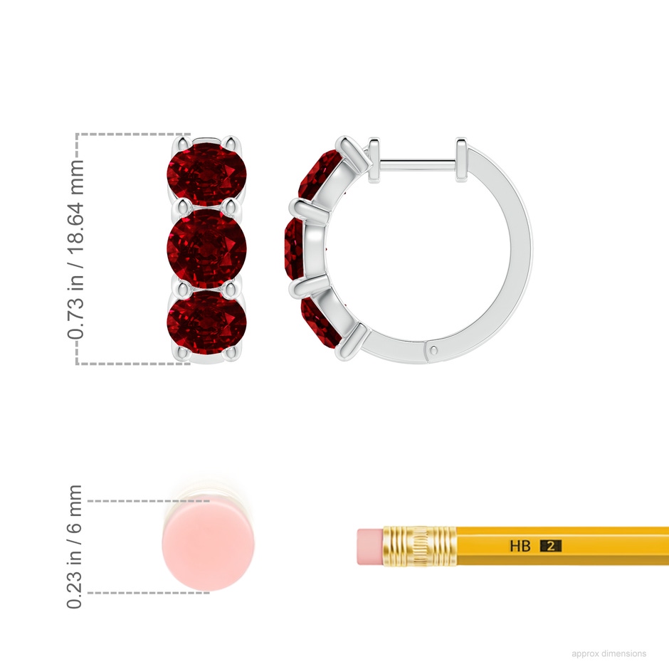 5.5mm AAAA Round Ruby Three Stone Hoop Earrings in P950 Platinum ruler
