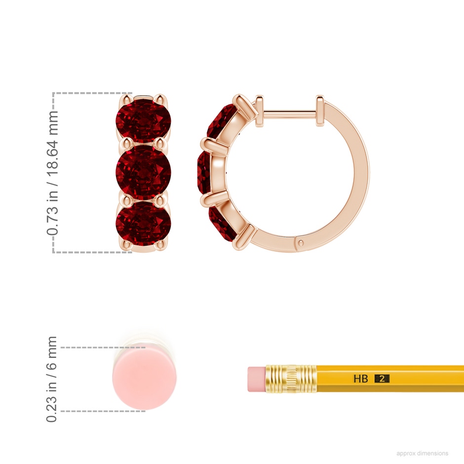 5.5mm AAAA Round Ruby Three Stone Hoop Earrings in Rose Gold ruler