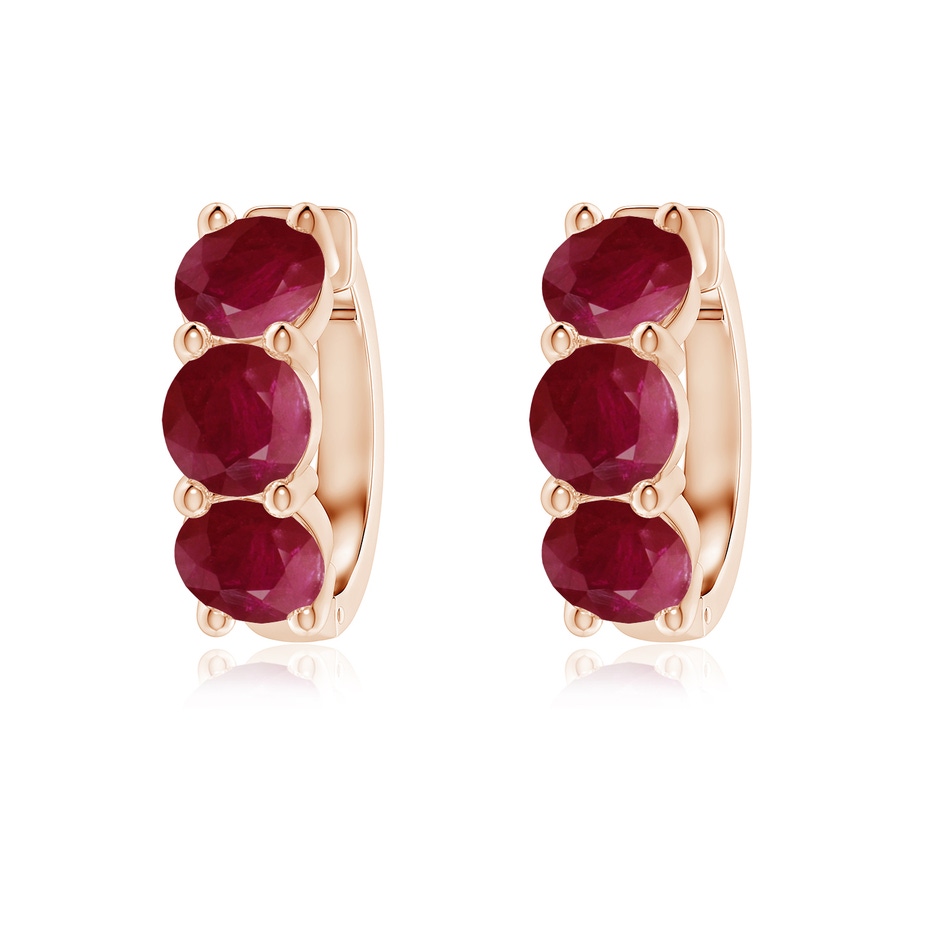 5mm A Round Ruby Three Stone Hoop Earrings in Rose Gold 