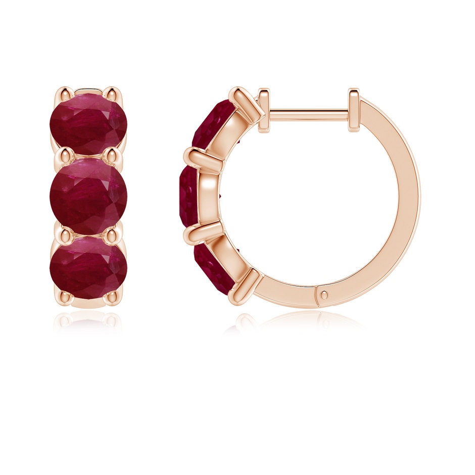 5mm A Round Ruby Three Stone Hoop Earrings in Rose Gold side 199