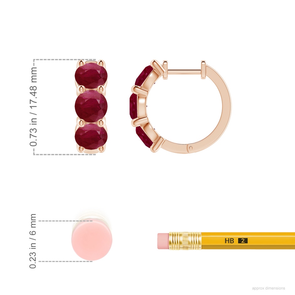 5mm A Round Ruby Three Stone Hoop Earrings in Rose Gold ruler