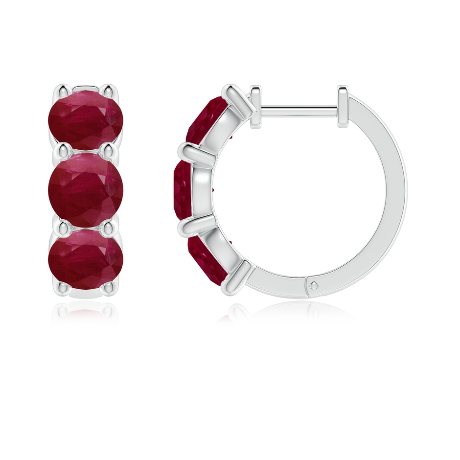 5mm A Round Ruby Three Stone Hoop Earrings in White Gold side 199