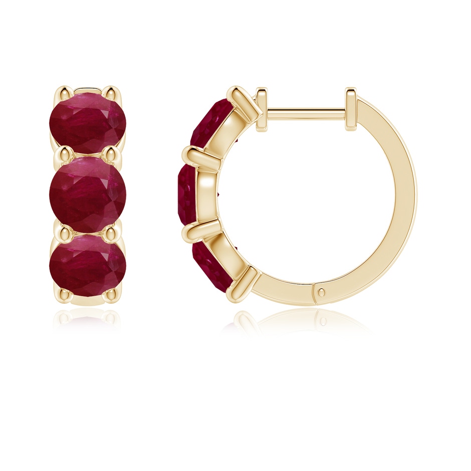 5mm A Round Ruby Three Stone Hoop Earrings in Yellow Gold side 199