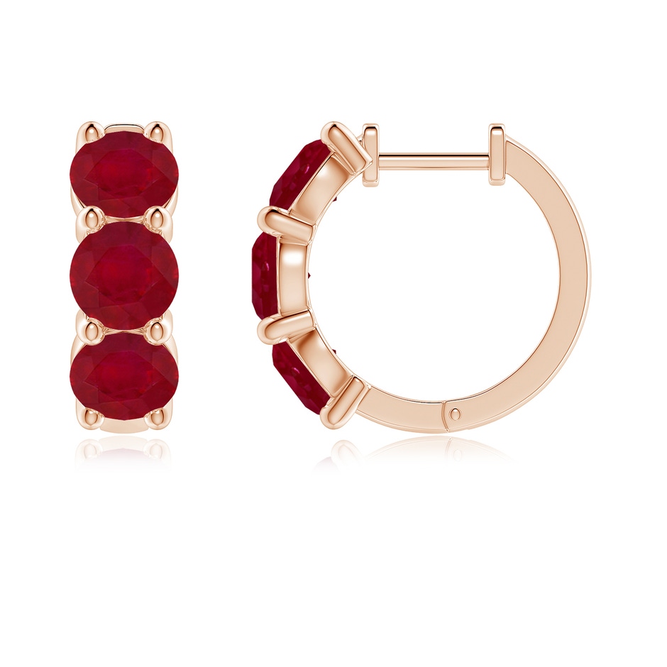 5mm AA Round Ruby Three Stone Hoop Earrings in Rose Gold side 199