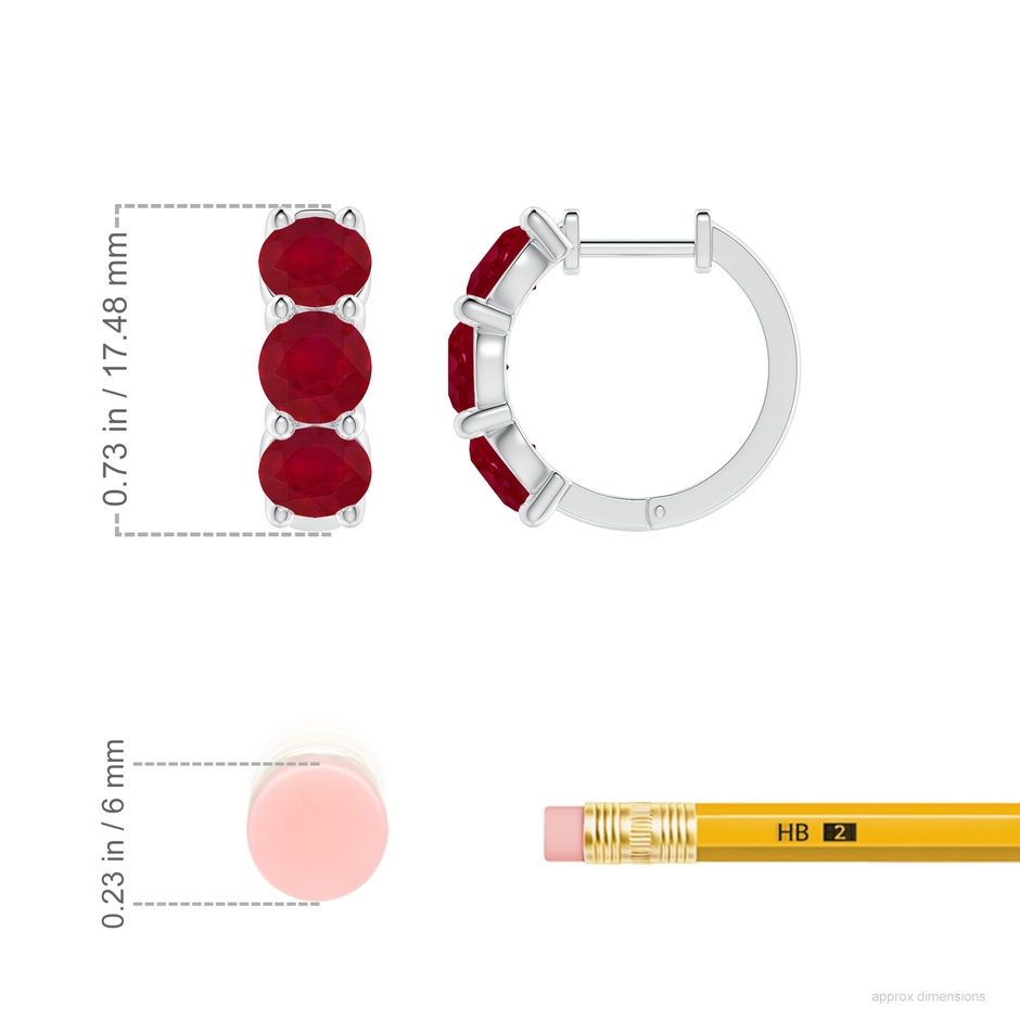 5mm AA Round Ruby Three Stone Hoop Earrings in White Gold ruler