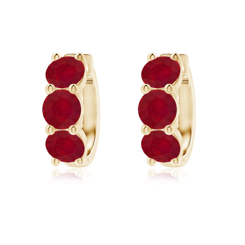5mm AA Round Ruby Three Stone Hoop Earrings in Yellow Gold 