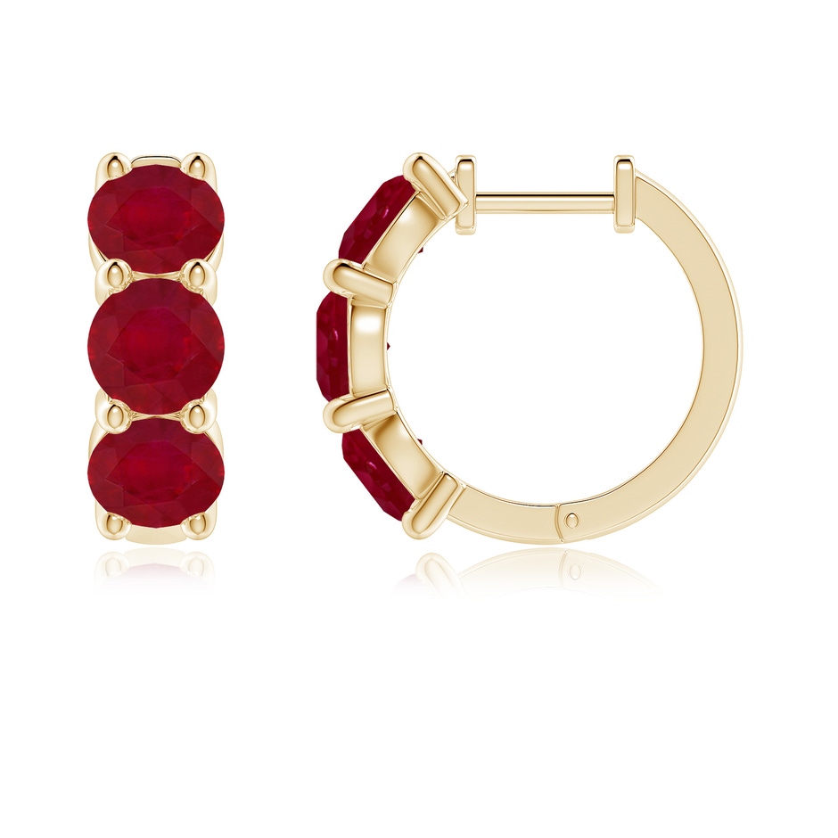 5mm AA Round Ruby Three Stone Hoop Earrings in Yellow Gold side 199