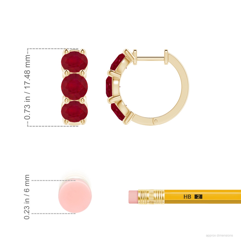 5mm AA Round Ruby Three Stone Hoop Earrings in Yellow Gold ruler