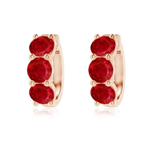 5mm AAA Round Ruby Three Stone Hoop Earrings in 18K Rose Gold