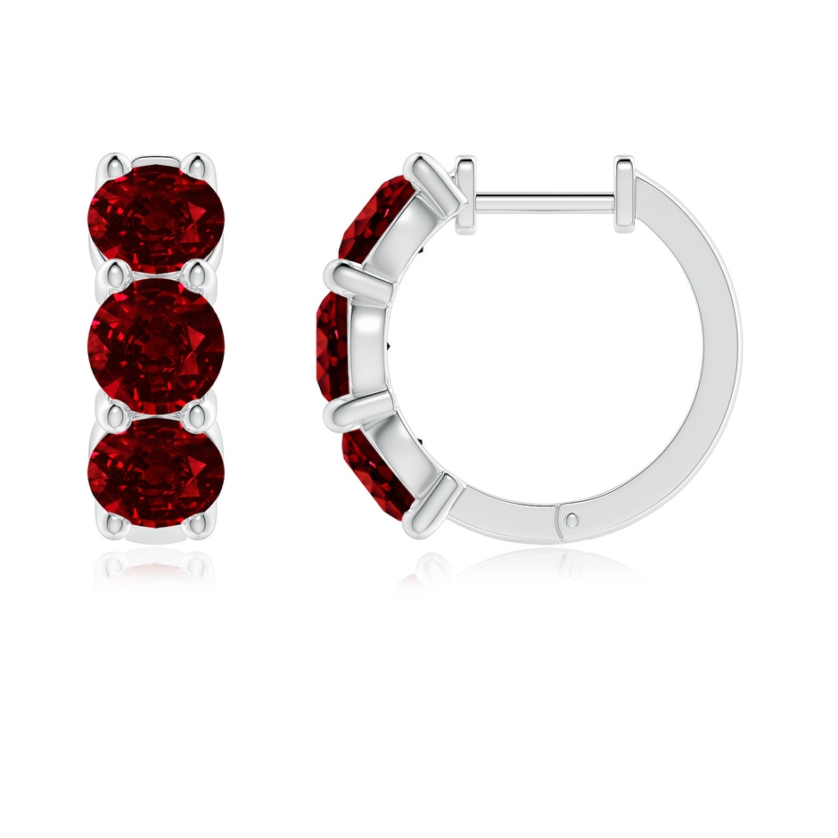 5mm AAAA Round Ruby Three Stone Hoop Earrings in P950 Platinum side 199