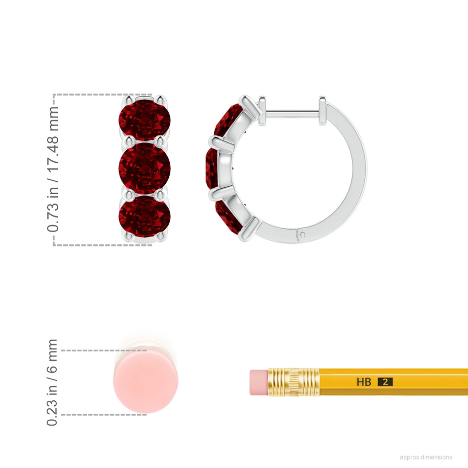 5mm AAAA Round Ruby Three Stone Hoop Earrings in P950 Platinum ruler