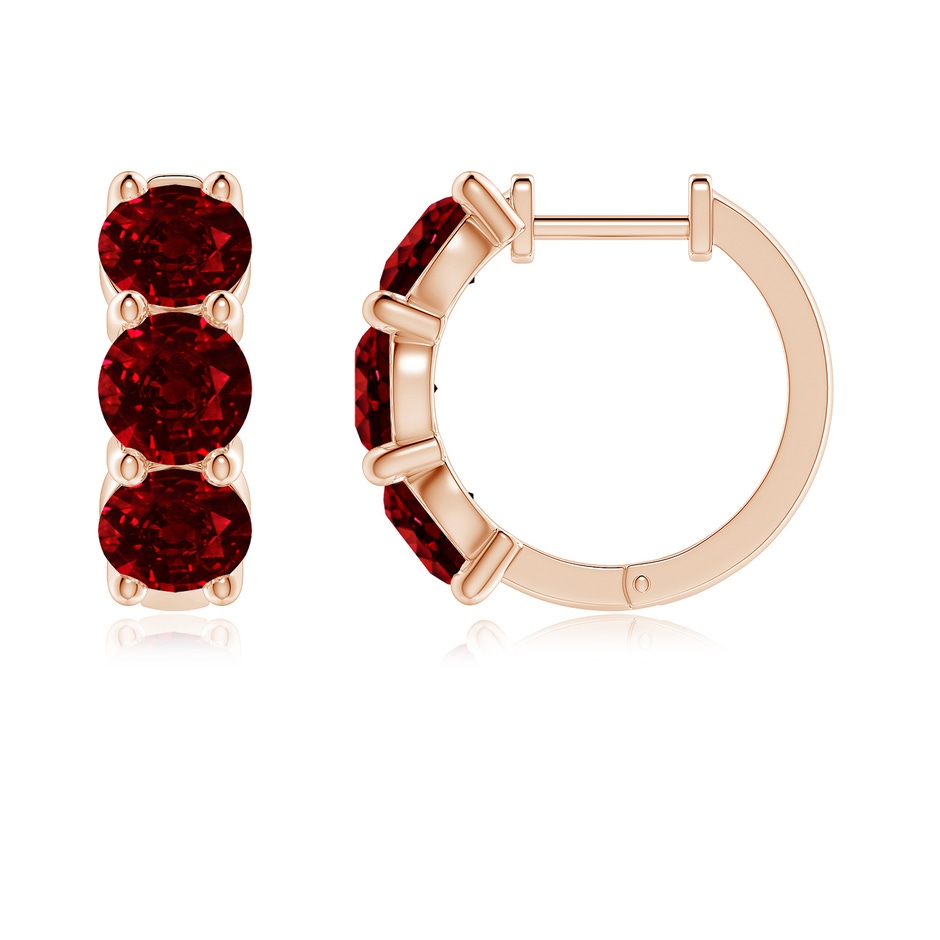 5mm AAAA Round Ruby Three Stone Hoop Earrings in Rose Gold side 199