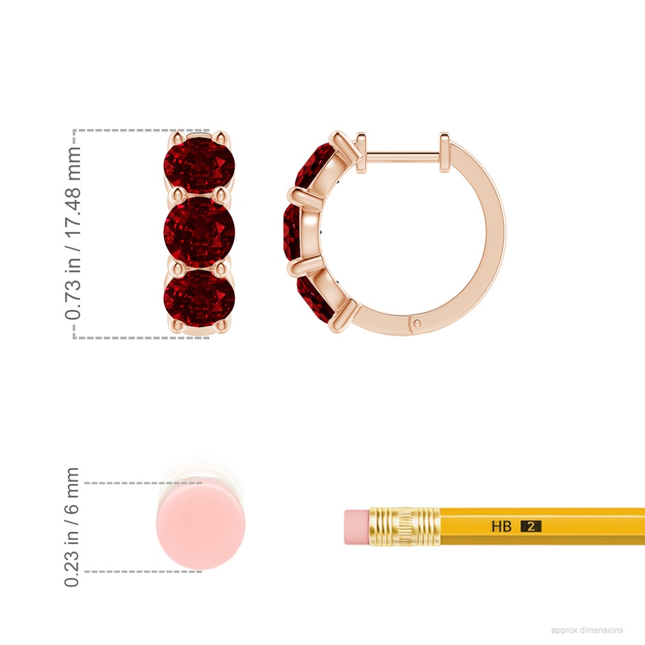 5mm AAAA Round Ruby Three Stone Hoop Earrings in Rose Gold ruler