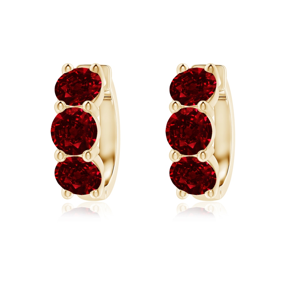 5mm AAAA Round Ruby Three Stone Hoop Earrings in Yellow Gold 