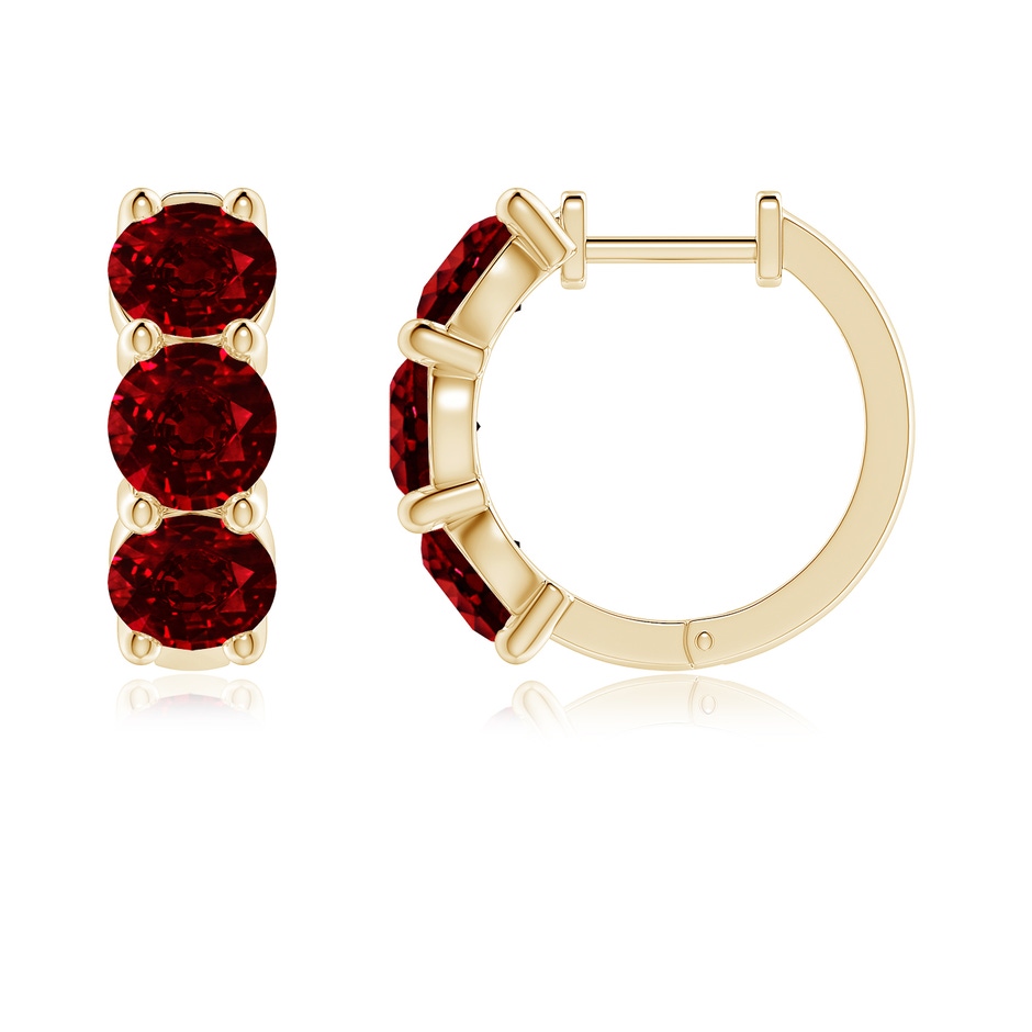 5mm AAAA Round Ruby Three Stone Hoop Earrings in Yellow Gold side 199