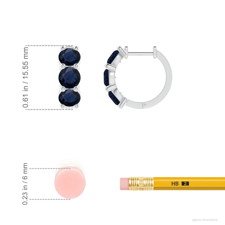 4.5mm A Round Blue Sapphire Three Stone Hoop Earrings in White Gold ruler