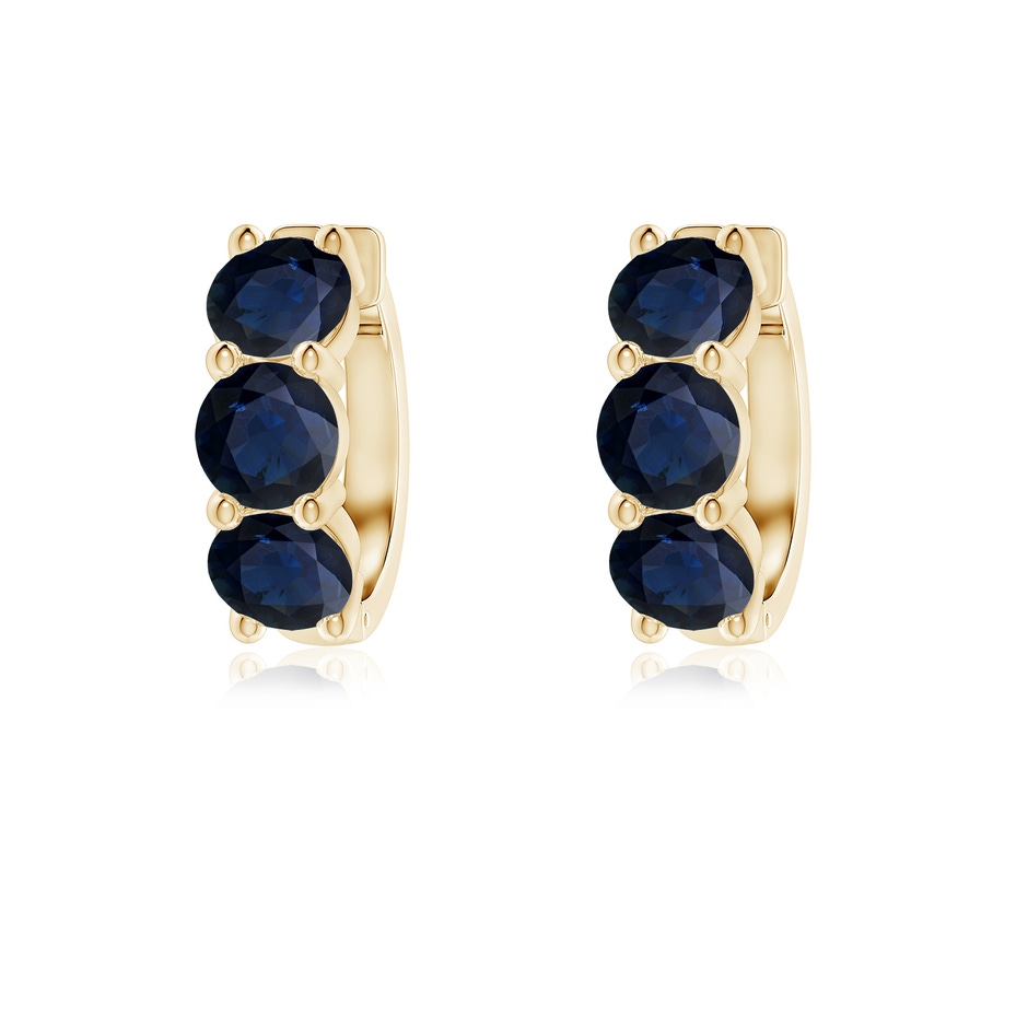 4.5mm A Round Blue Sapphire Three Stone Hoop Earrings in Yellow Gold 