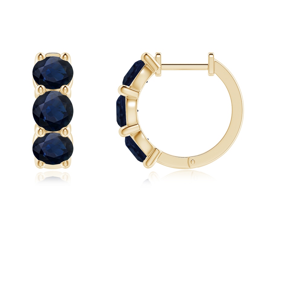 4.5mm A Round Blue Sapphire Three Stone Hoop Earrings in Yellow Gold side 199