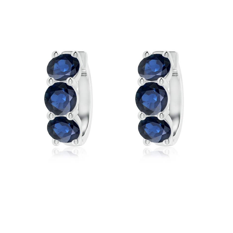 4.5mm AA Round Blue Sapphire Three Stone Hoop Earrings in White Gold 