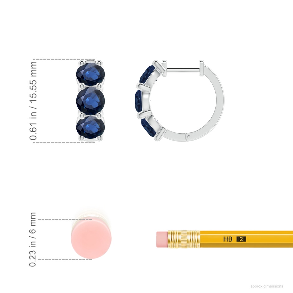 4.5mm AA Round Blue Sapphire Three Stone Hoop Earrings in White Gold ruler