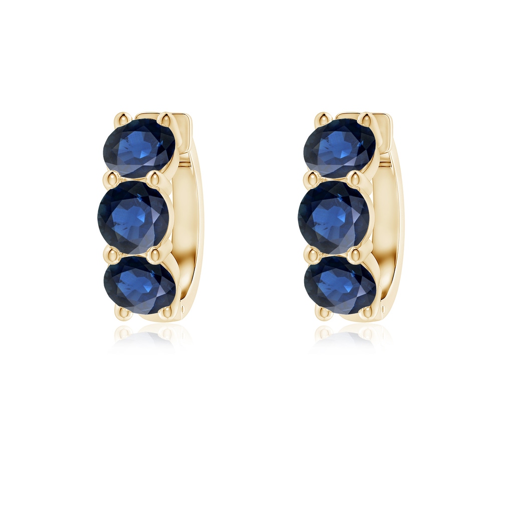 4.5mm AA Round Blue Sapphire Three Stone Hoop Earrings in Yellow Gold