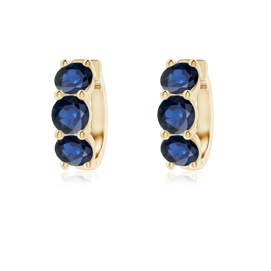 4.5mm AA Round Blue Sapphire Three Stone Hoop Earrings in Yellow Gold 