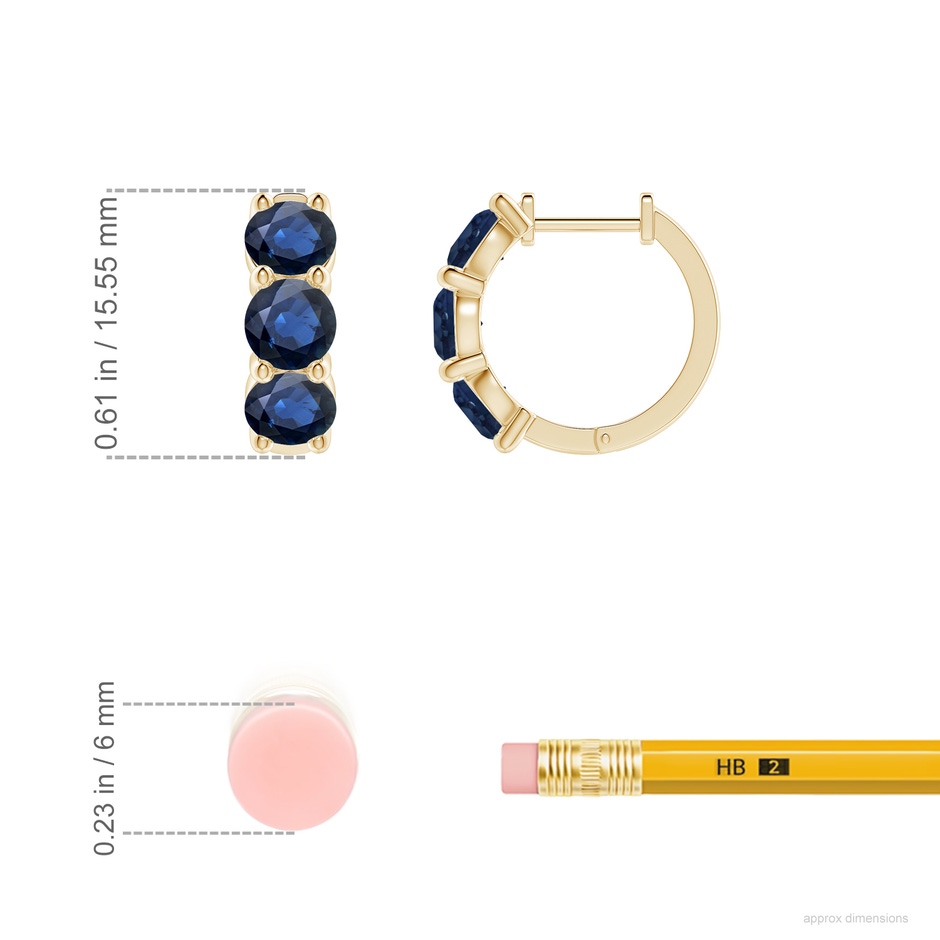 4.5mm AA Round Blue Sapphire Three Stone Hoop Earrings in Yellow Gold ruler