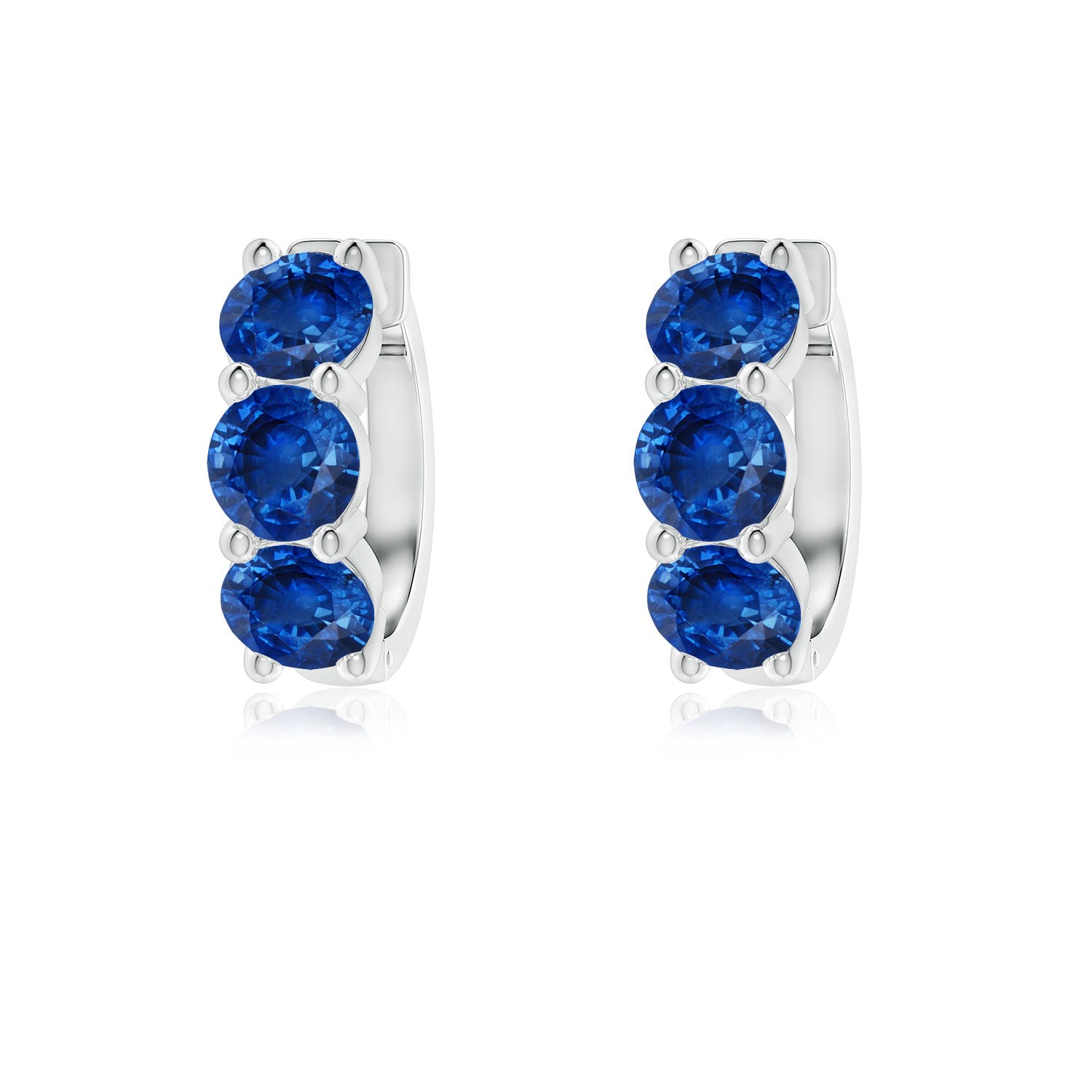 4.5mm AAA Round Blue Sapphire Three Stone Hoop Earrings in P950 Platinum