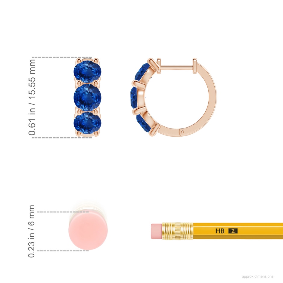4.5mm AAA Round Blue Sapphire Three Stone Hoop Earrings in Rose Gold ruler