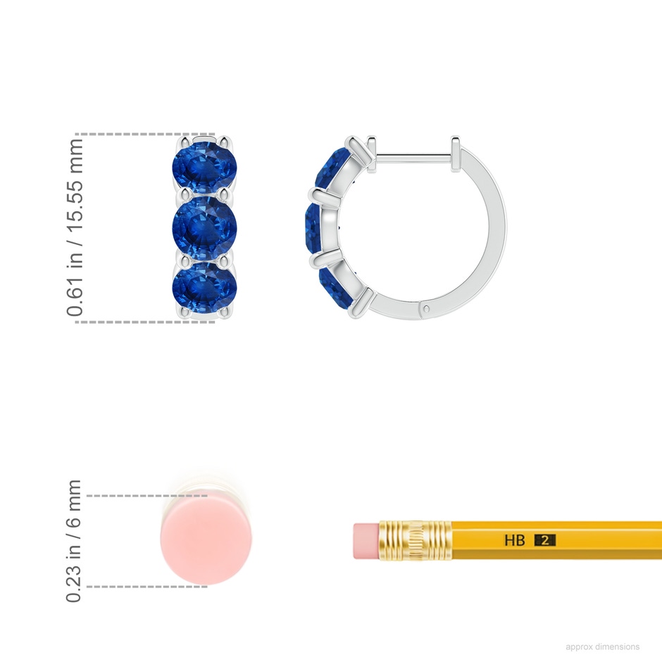 4.5mm AAA Round Blue Sapphire Three Stone Hoop Earrings in White Gold ruler