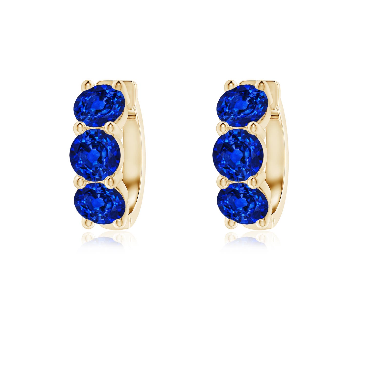 4.5mm AAAA Round Blue Sapphire Three Stone Hoop Earrings in 18CT Yellow Gold