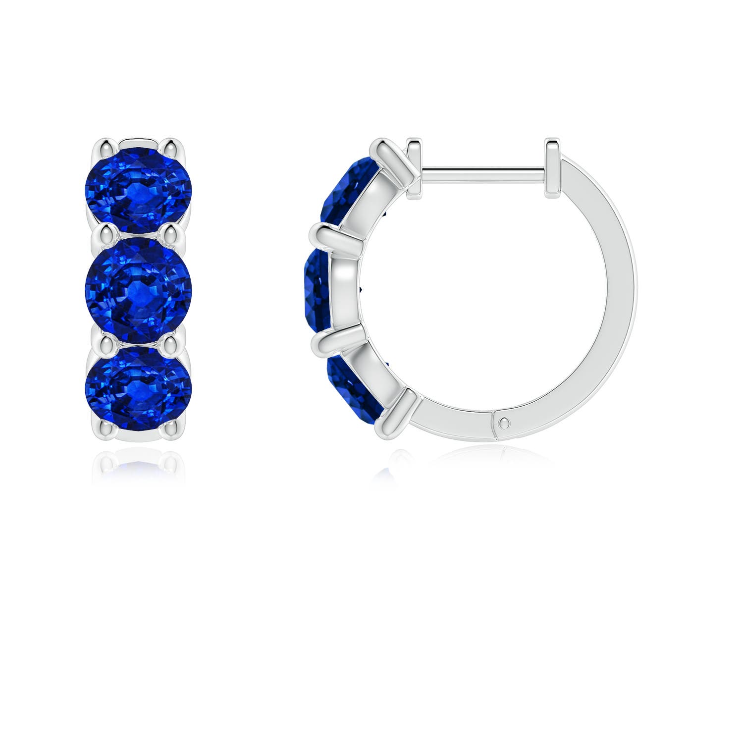4.5mm AAAA Round Blue Sapphire Three Stone Hoop Earrings in White Gold