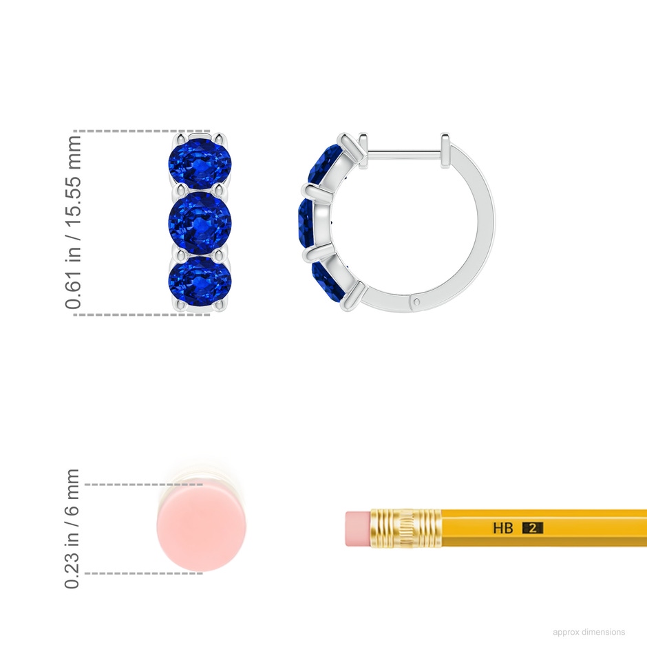 4.5mm AAAA Round Blue Sapphire Three Stone Hoop Earrings in White Gold ruler